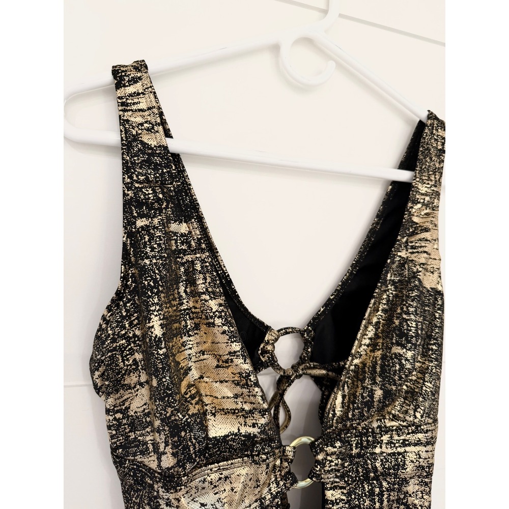 Gold Metallic Foil One Piece Swimsuit Lace Up O-Ring High Cut Black Large NWOT - Picture 5 of 8